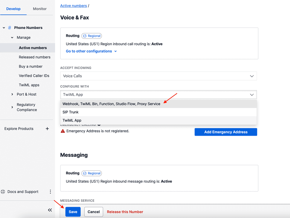 Dropdown showing configuration options for TwiML App with save button highlighted.