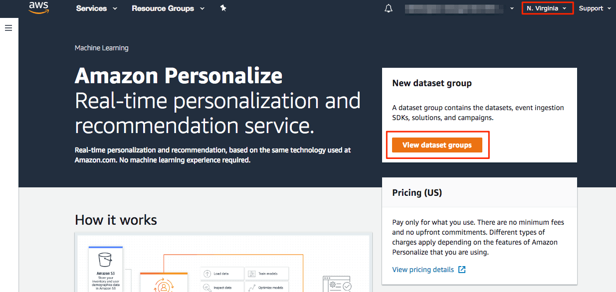 Amazon Personalize dashboard showing steps: Upload datasets, Install event ingestion SDK, Create solutions with Start button highlighted, Launch campaigns.