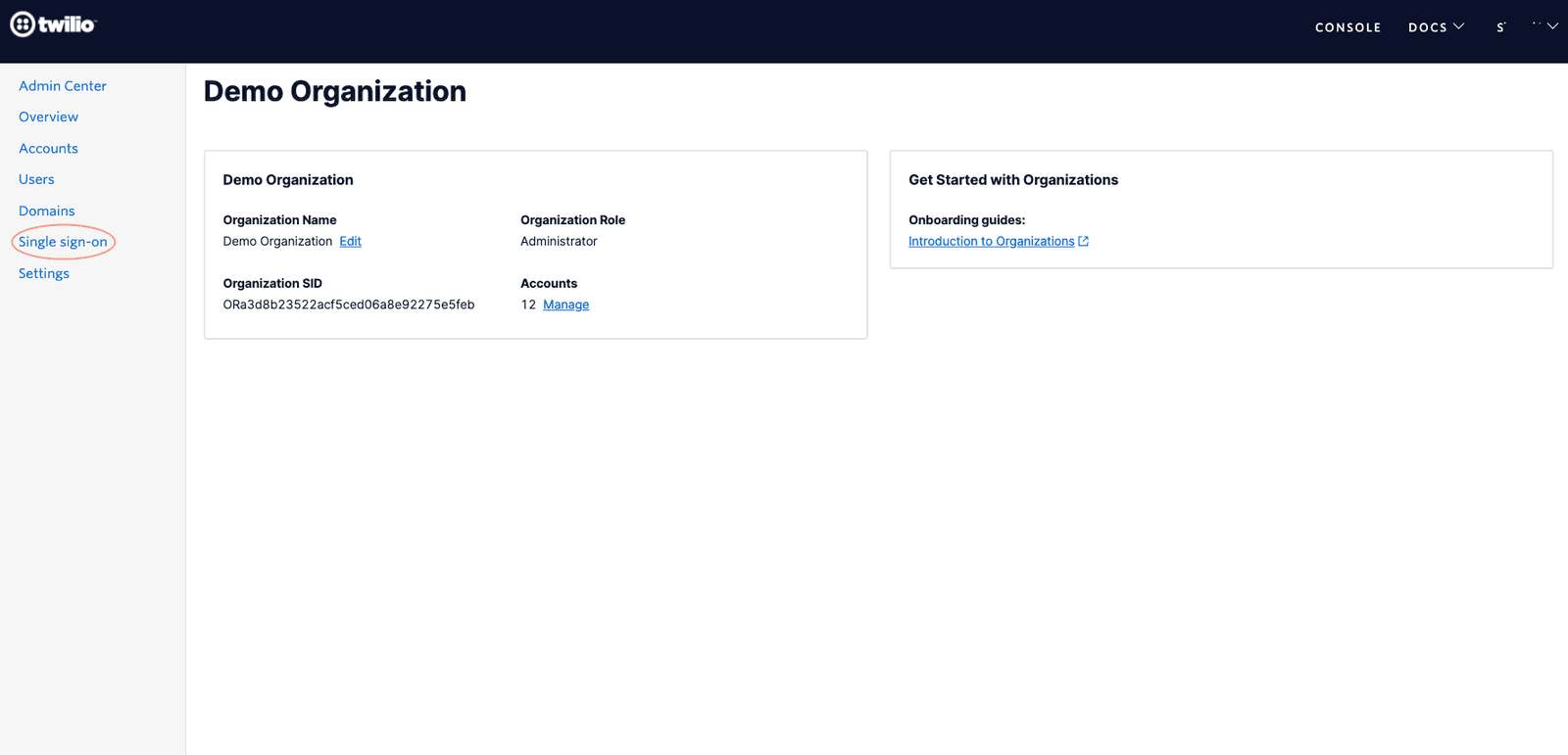 Admin Center with Single Sign-On link highlighted in navigation.