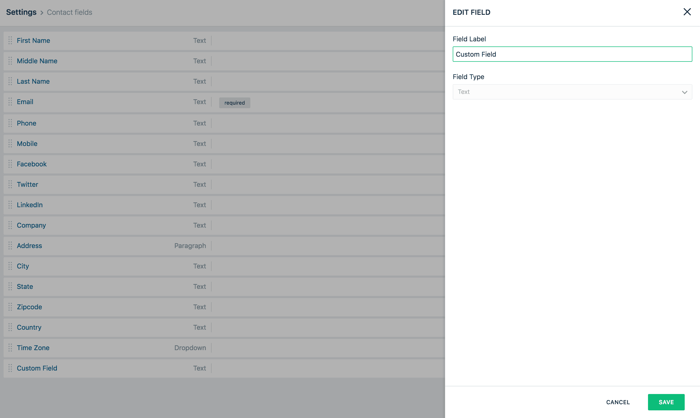 Freshmarketer Contact fields page with Edit Field sidebar showing a custom field labeled 'Custom Field'.