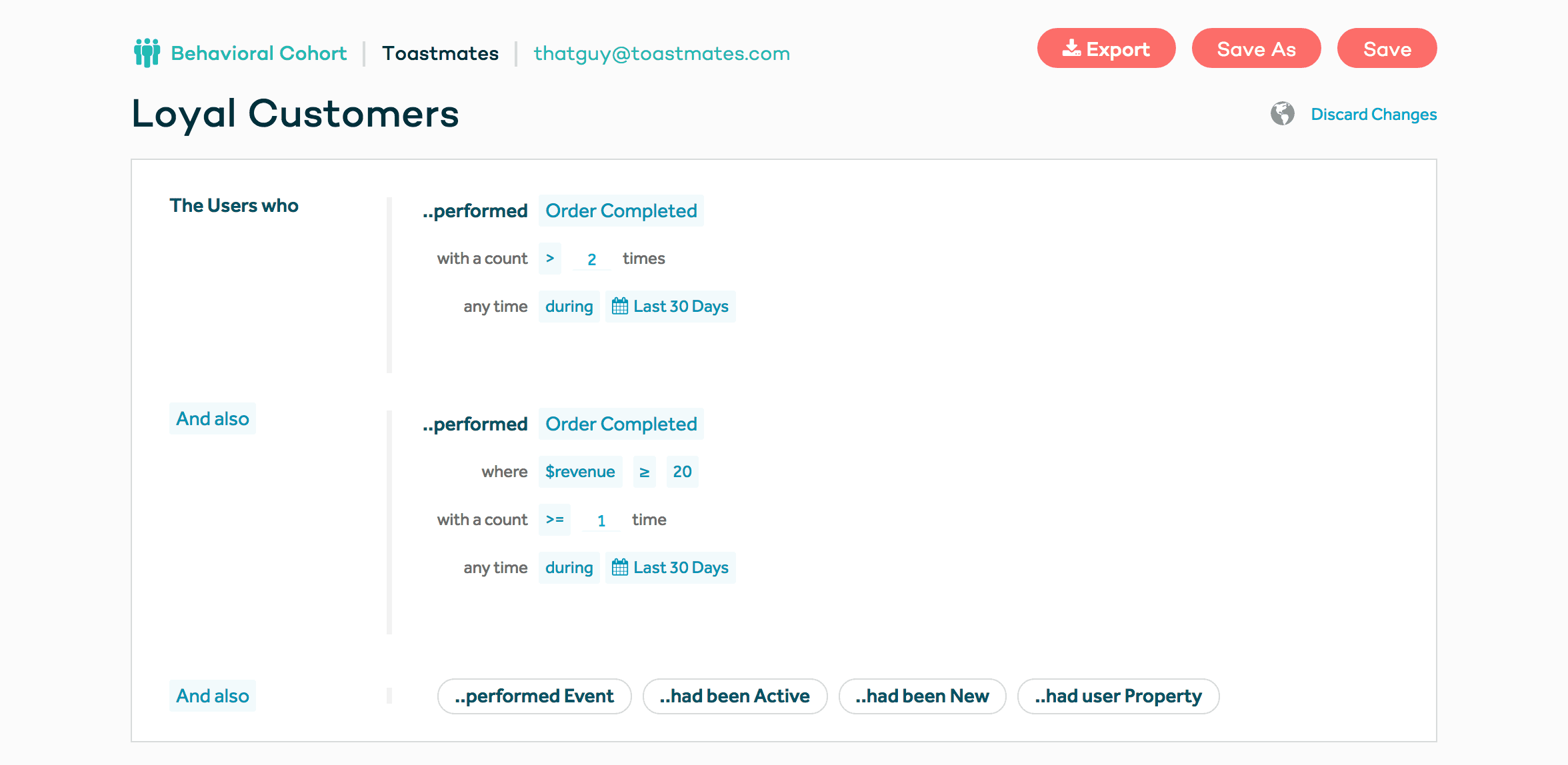 Amplitude segment showing users who spent over $20 and ordered more than twice in 30 days.