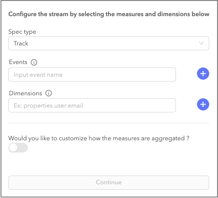 Cliff data stream configuration page with event name, dimensions, and aggregation toggle.