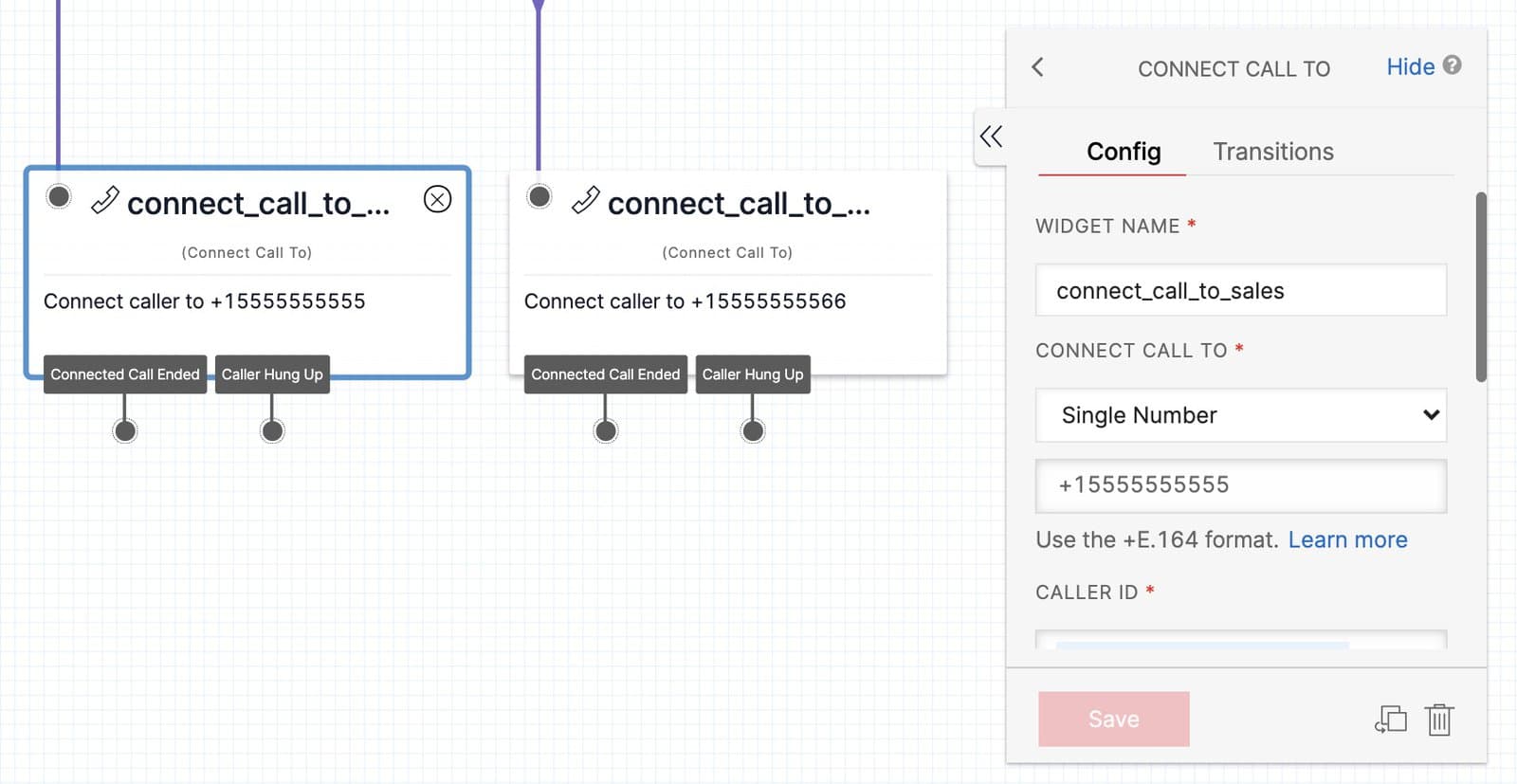 Two widgets and the widget configuration panel for call connection.