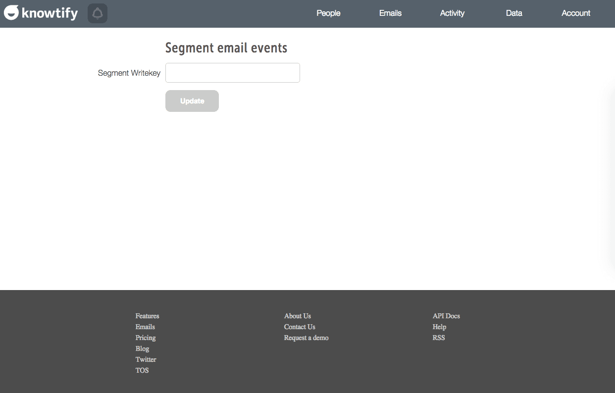 Knowtify interface for entering Segment Writekey to update email events.