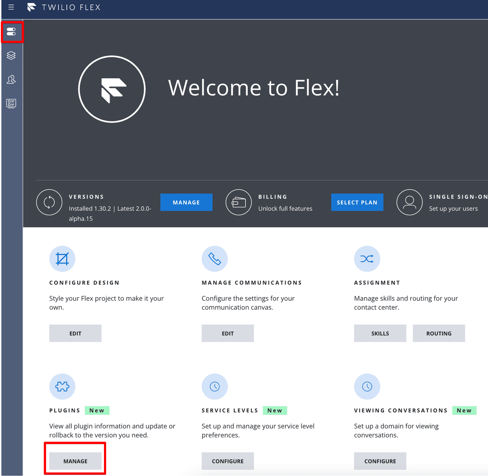 Twilio Flex admin dashboard showing plugin management options.