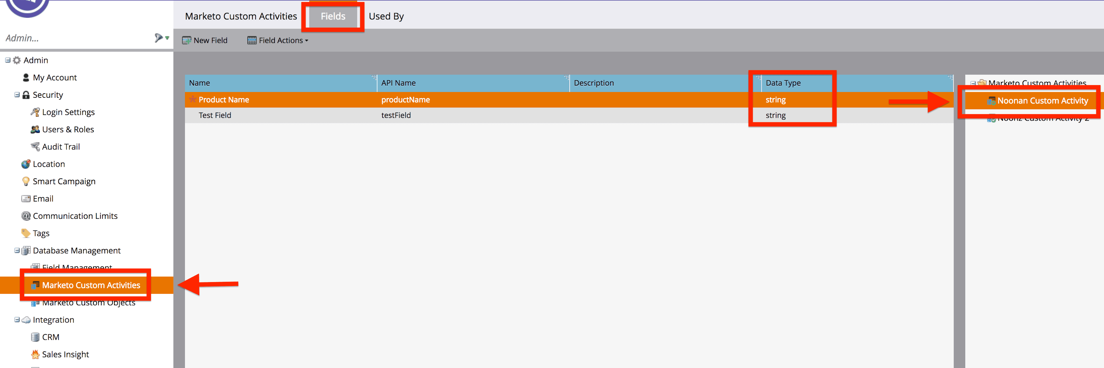 Fields tab in Marketo Custom Activities showing Product Name and Test Field with string data type.