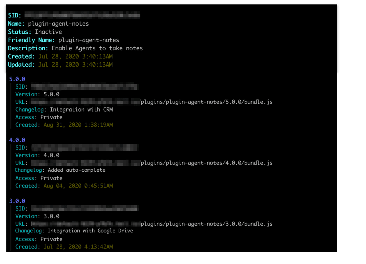 Plugin details for agent notes, including SID, version, URL, changelog, access, and creation date.