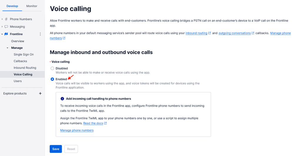 Voice calling settings with 'Enabled' option selected for managing inbound and outbound calls.