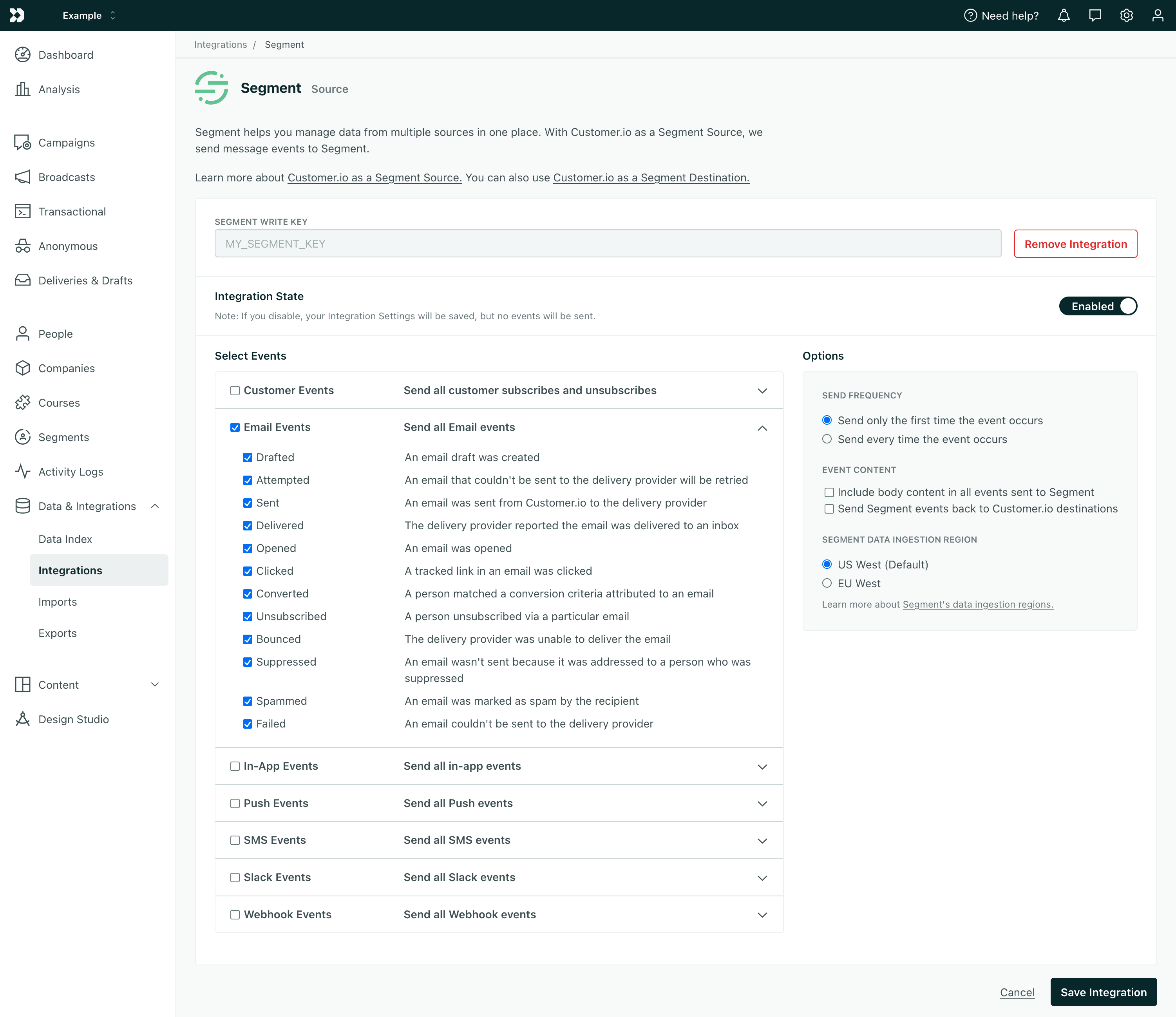 Customer.io integration settings with Segment, showing event selection and options.