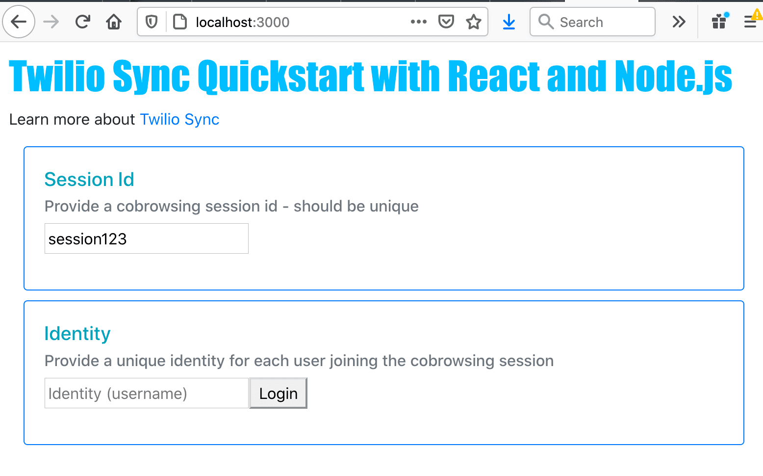 Twilio Sync Quickstart page with fields for session ID and user identity input.
