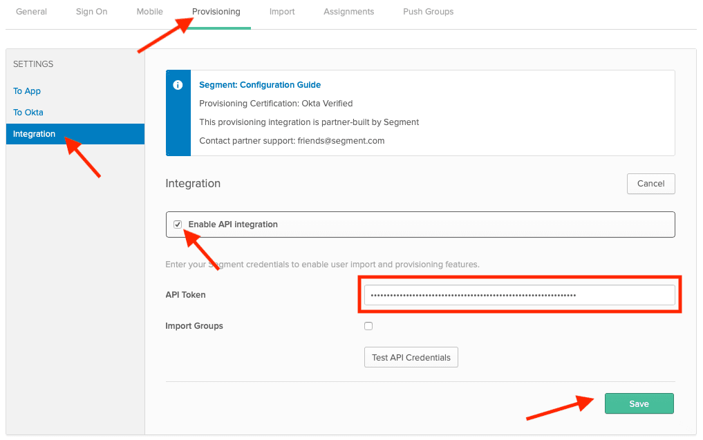 Okta provisioning settings with API integration enabled and API token field filled.