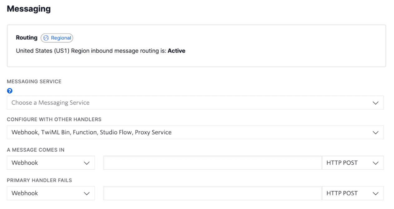 Messaging configuration with routing active for US1 region, using Webhook and HTTP POST.