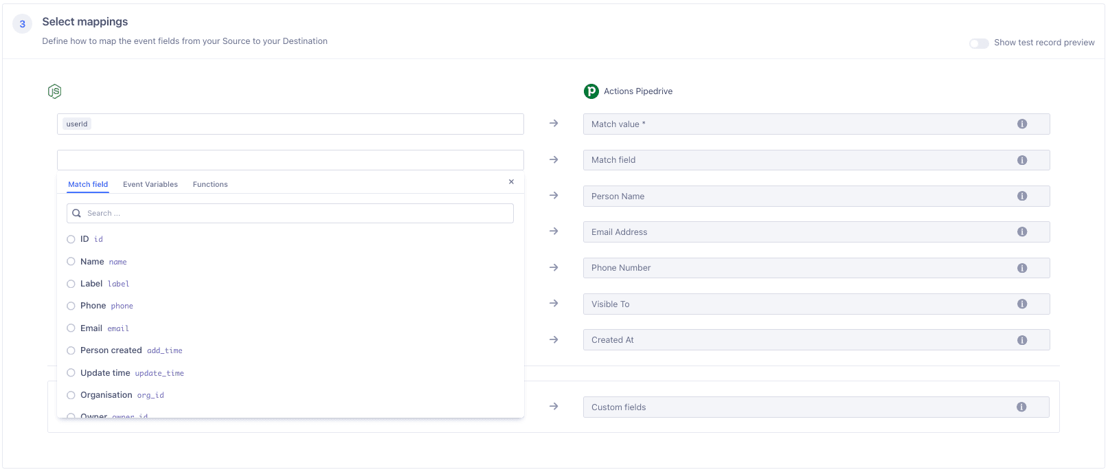Mapping Segment fields to Pipedrive entities, showing options like ID, Name, and Email.