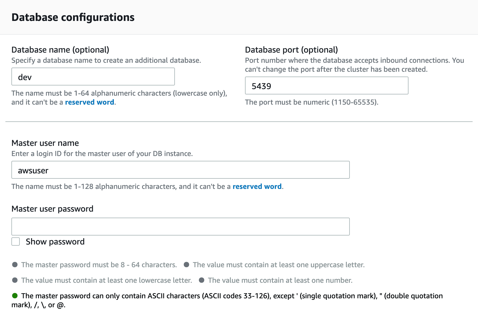 Database configuration fields for name, port, primary username, and password requirements.