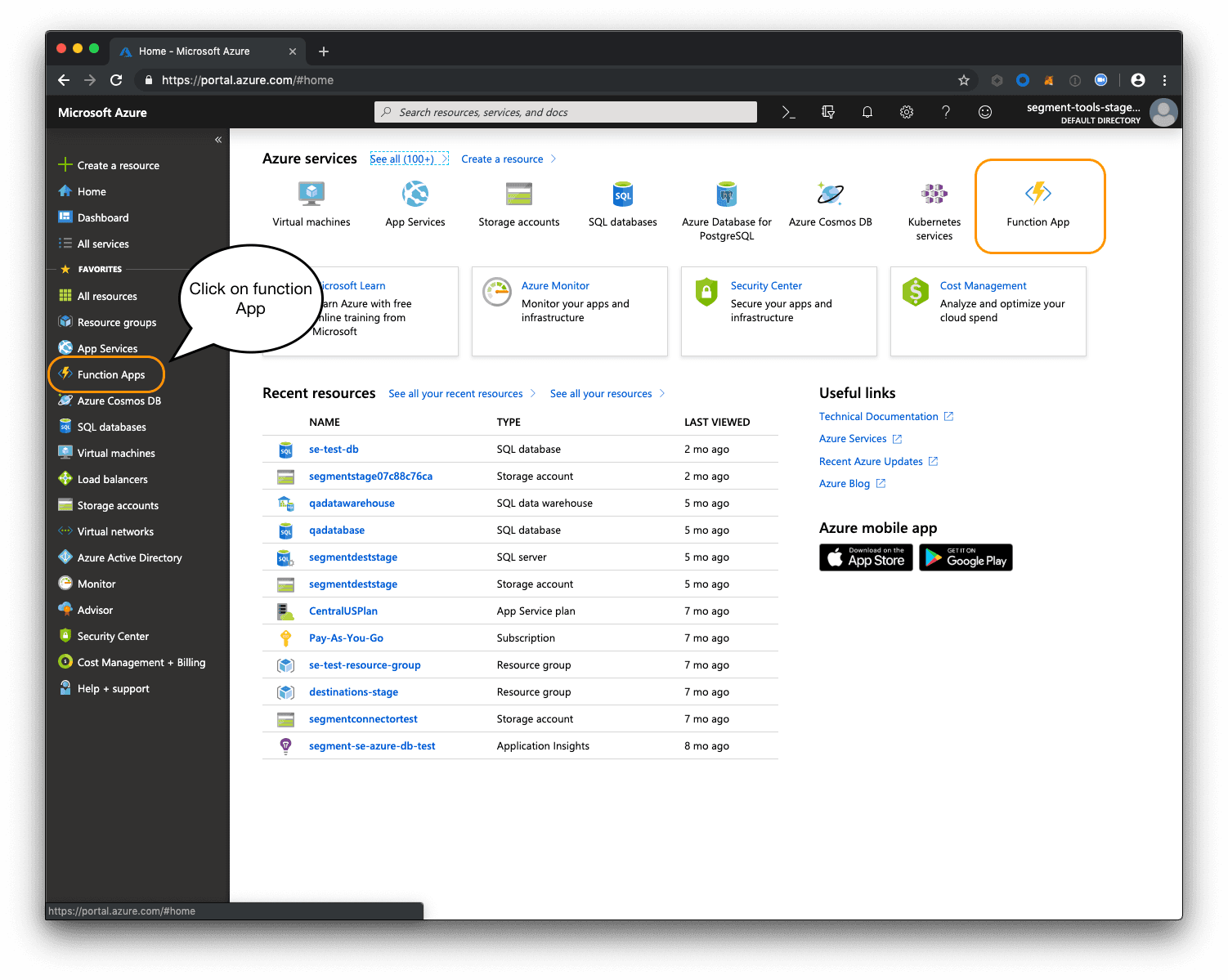 Azure dashboard highlighting Function App with recent resources listed.