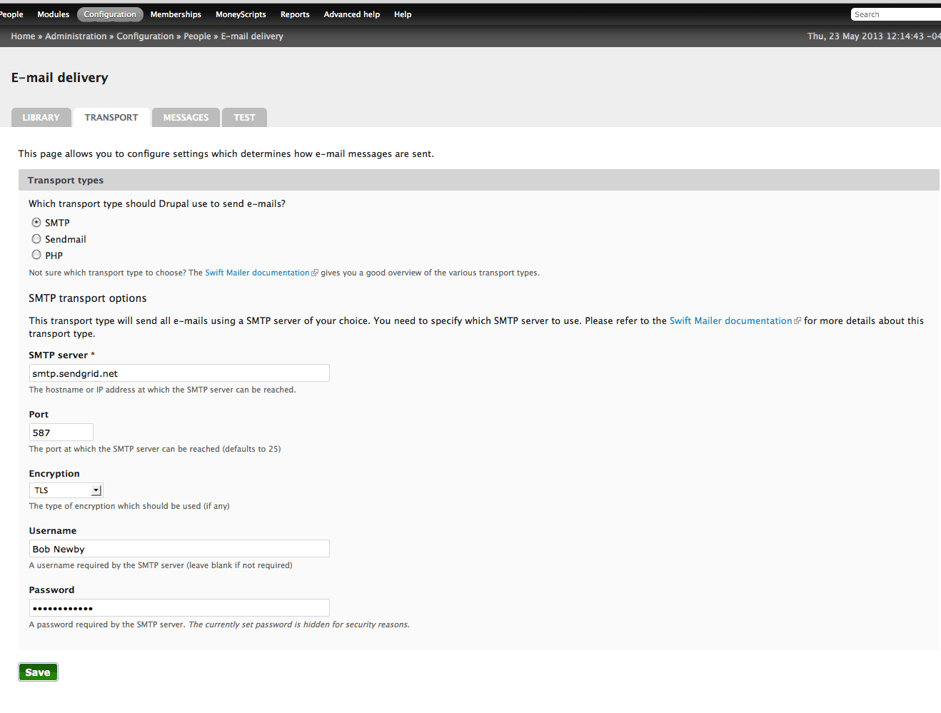 Drupal email delivery settings with SMTP server configuration fields.