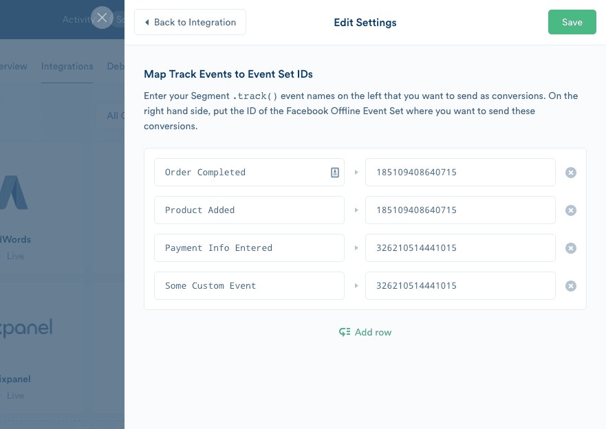 Settings tab for Facebook Offline Conversions, with a Lead Generated event mapped to a Facebook Offline Event Set.