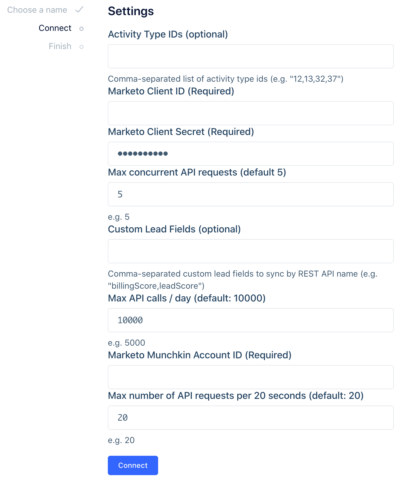 Marketo source settings section with fields for Activity Type IDs, Client ID, Client Secret, and Max concurrent API requests.