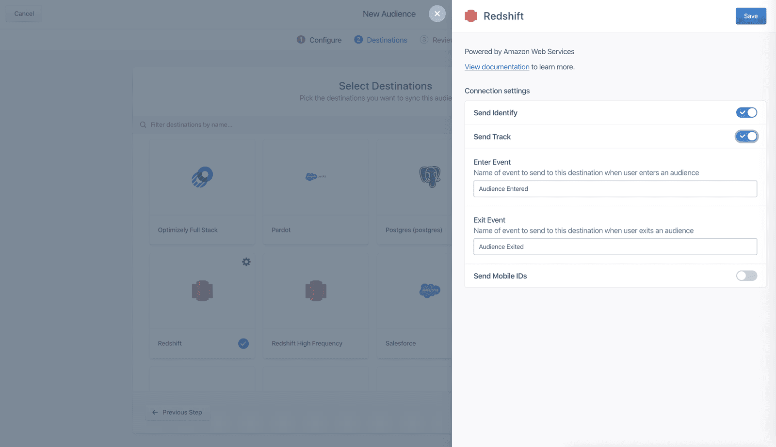 Redshift connection settings with options for sending identify and track data.