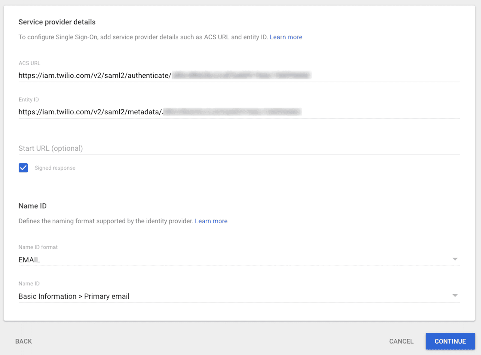 Service provider details with ACS URL, Entity ID, signed response option, and Name ID format set to email.