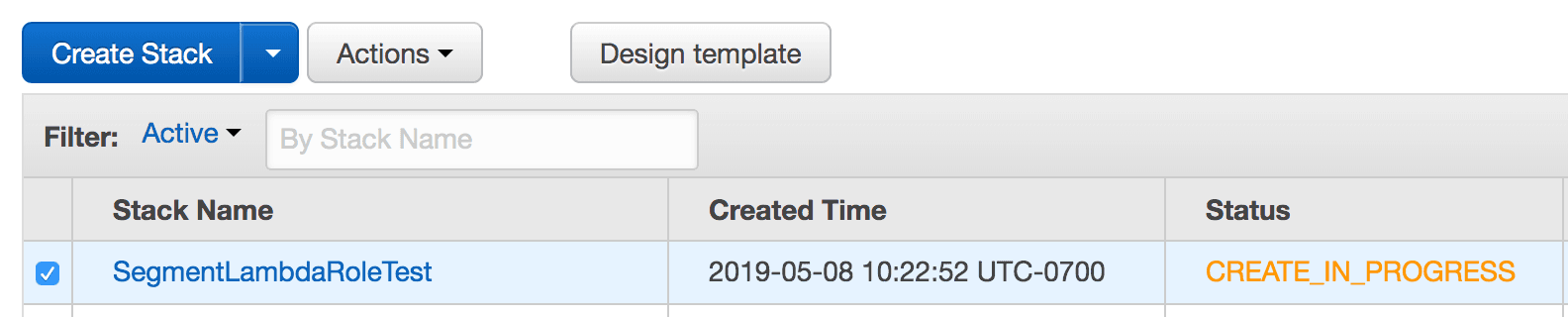 AWS CloudFormation Stack 'SegmentLambdaRoleTest' with status 'CREATE_IN_PROGRESS'.