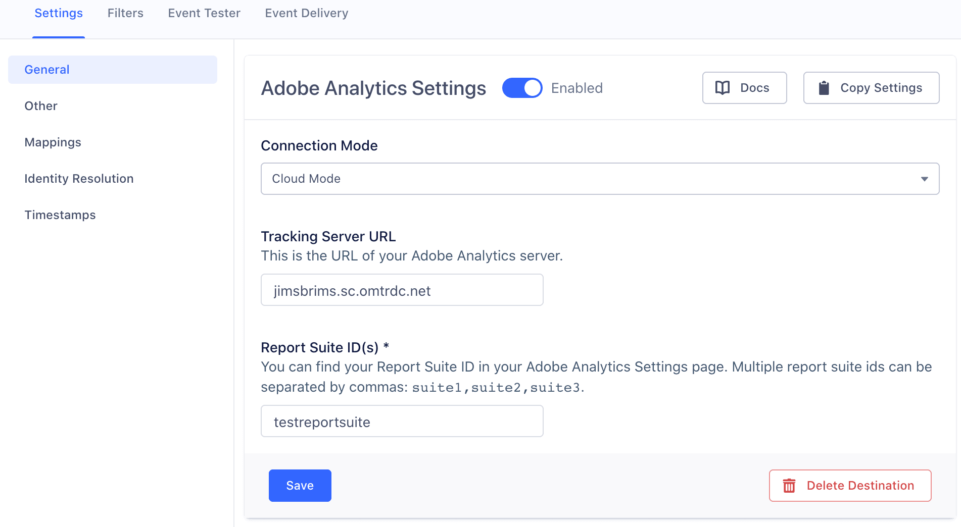 Adobe Analytics settings in Segment with the Identity Resolution section selected, showing options for Marketing Cloud ID and Visitor ID.