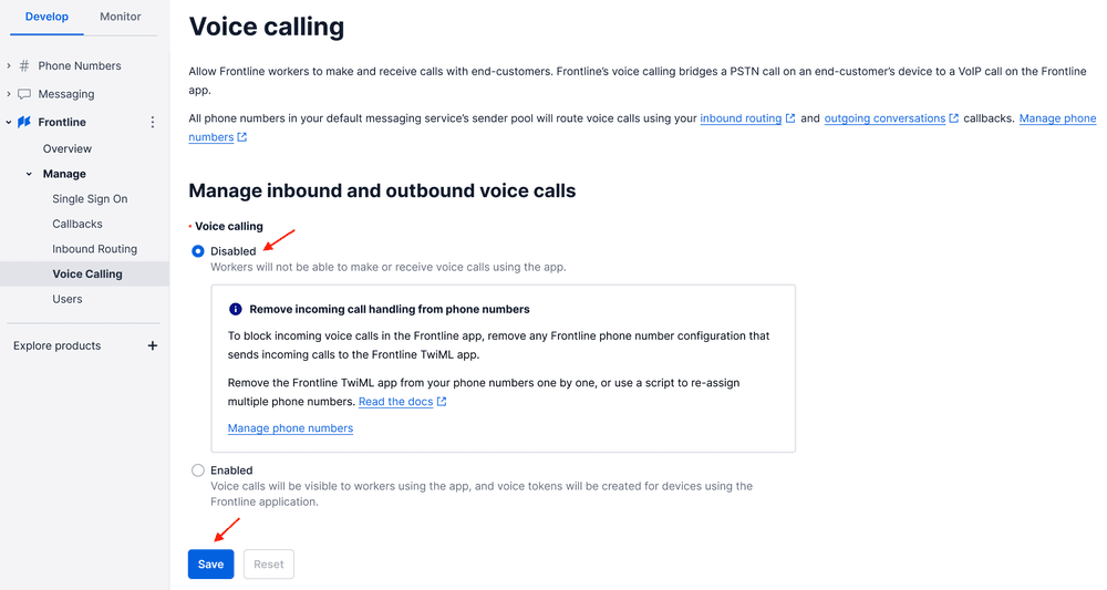 Voice calling disabled with instructions to remove incoming call handling.