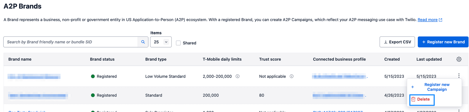 A2P Brands dashboard with delete option highlighted in dropdown menu.