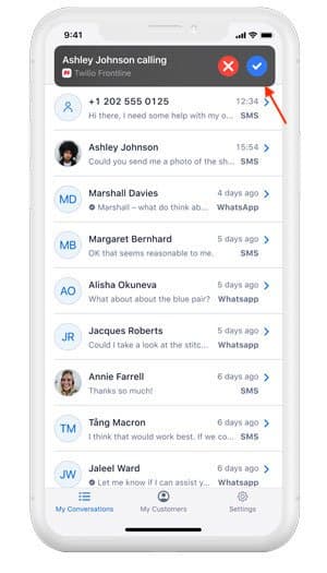 Mobile screen showing Twilio Frontline incoming call from Ashley Johnson with recent messages list.