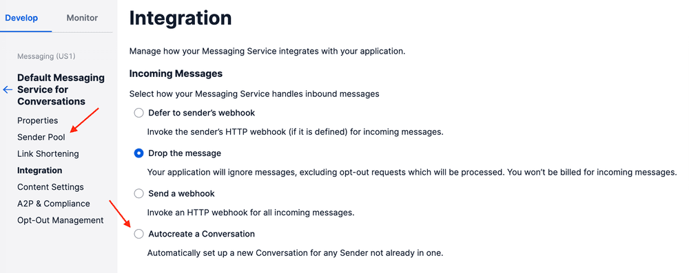 Integration settings for messaging service with options for handling incoming messages.