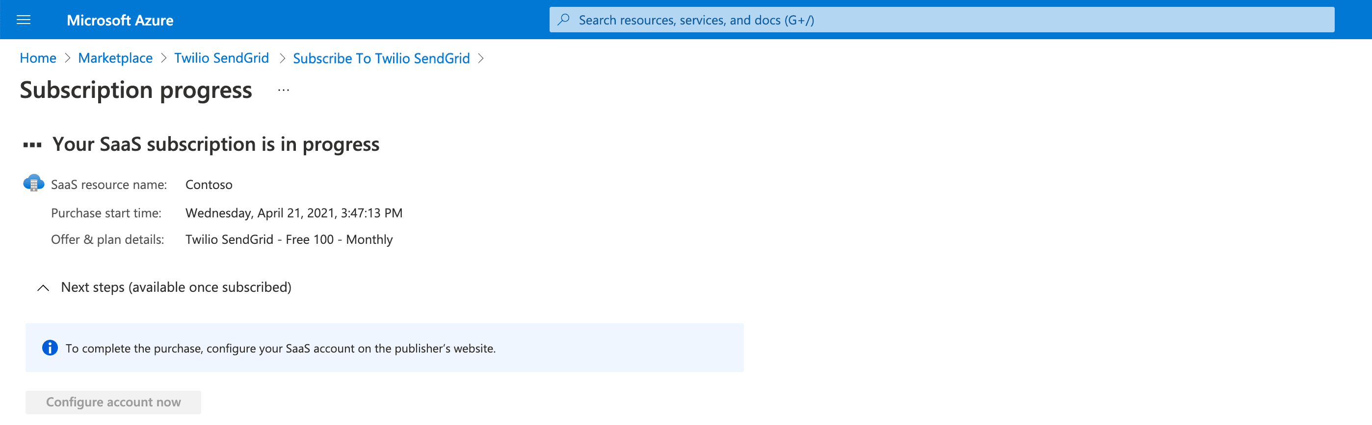 Azure subscription progress for Twilio SendGrid with Contoso as SaaS resource name.