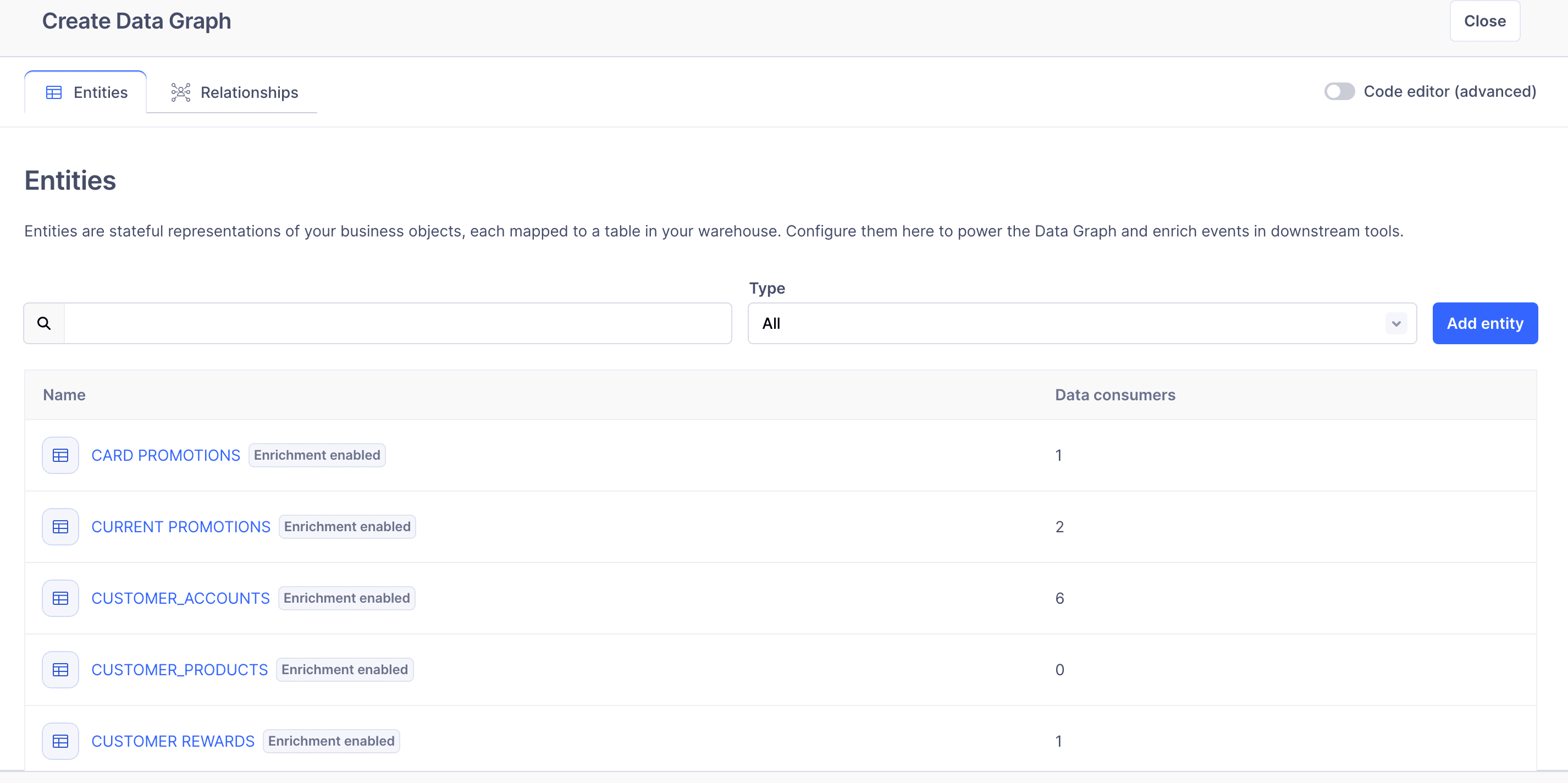 Entities tab showing list of business objects with enrichment enabled and data consumers count.
