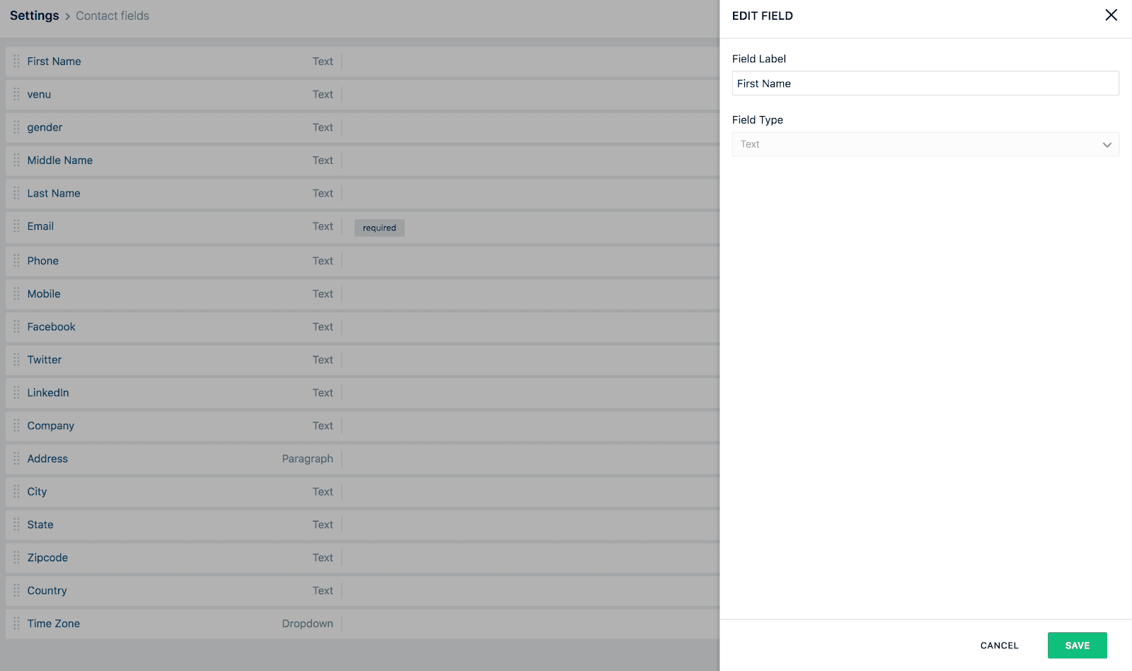 Freshmarketer contact fields list with edit sidebar for First Name field.
