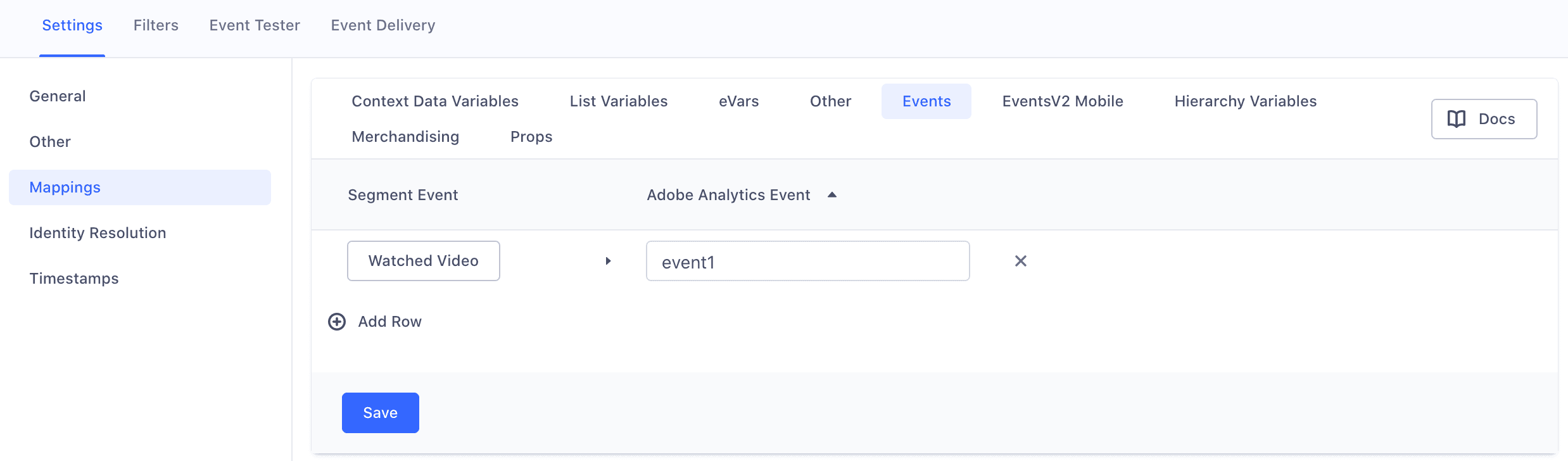 Adobe Analytics settings in Segment with hierarchy variable mapping for 'gameSections' to 'hier 1' under the Hierarchy Variables tab.