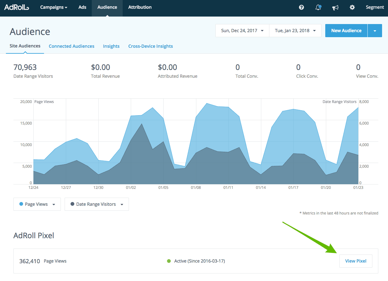 AdRoll Audience page showing site audience metrics and active pixel status.