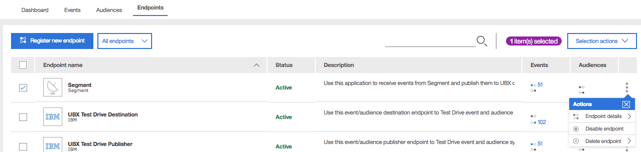 UBX Endpoints tab showing Segment endpoint with Active status and actions menu open.