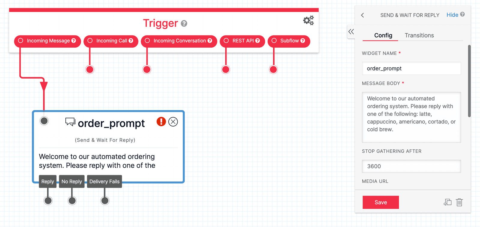 Twilio Studio order_prompt widget with options for latte, cappuccino, americano, cortado, or cold brew.