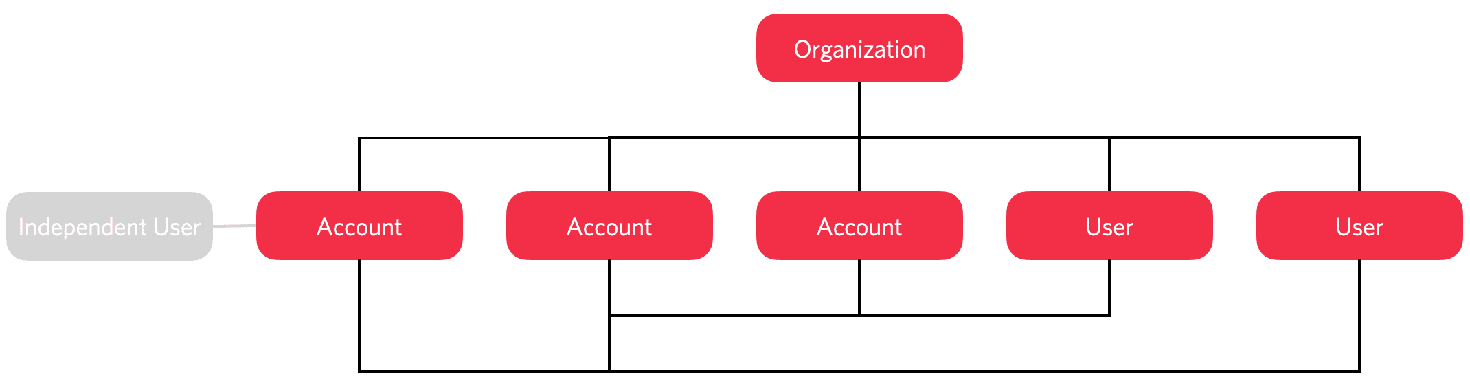 Organization structure with accounts and users, external user linked to one account.