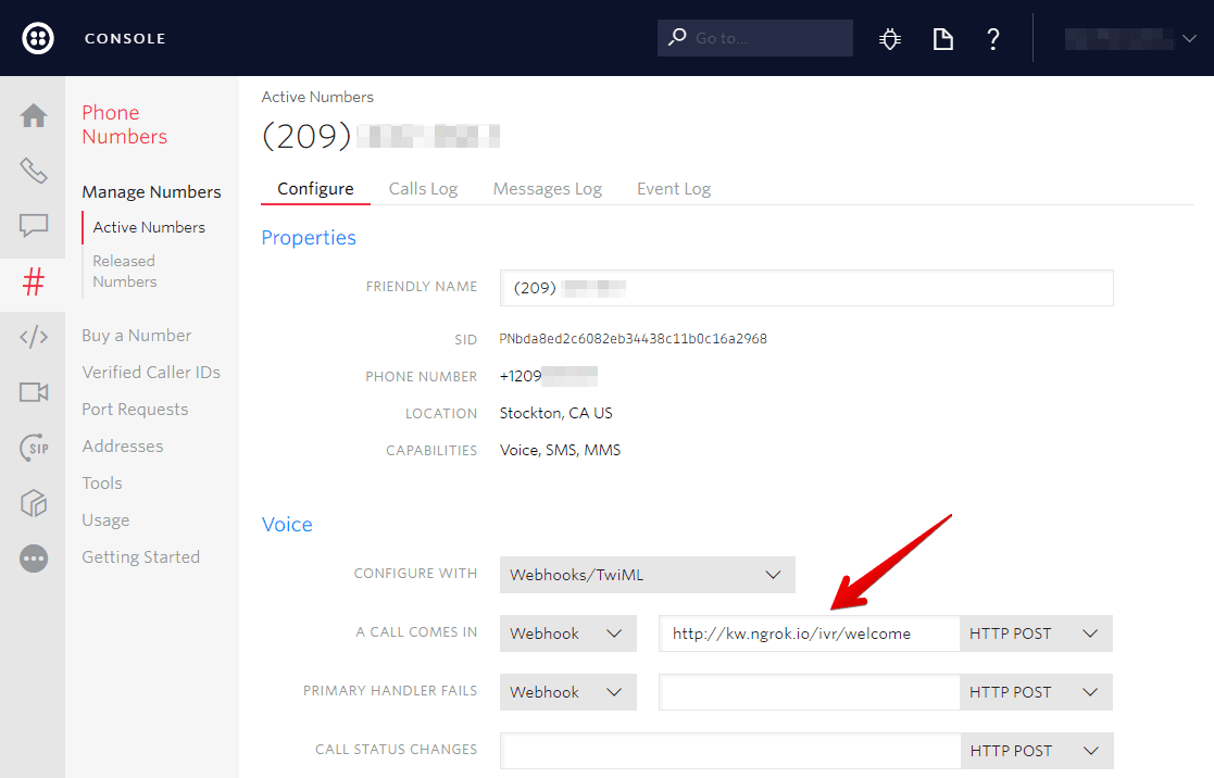 Twilio console showing IVR webhook configuration for phone number with HTTP POST method.