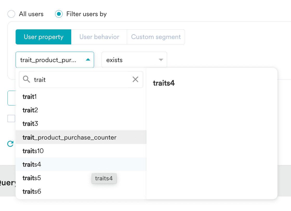 MoEngage UI showing user behavior filter with event selection for trait computation.