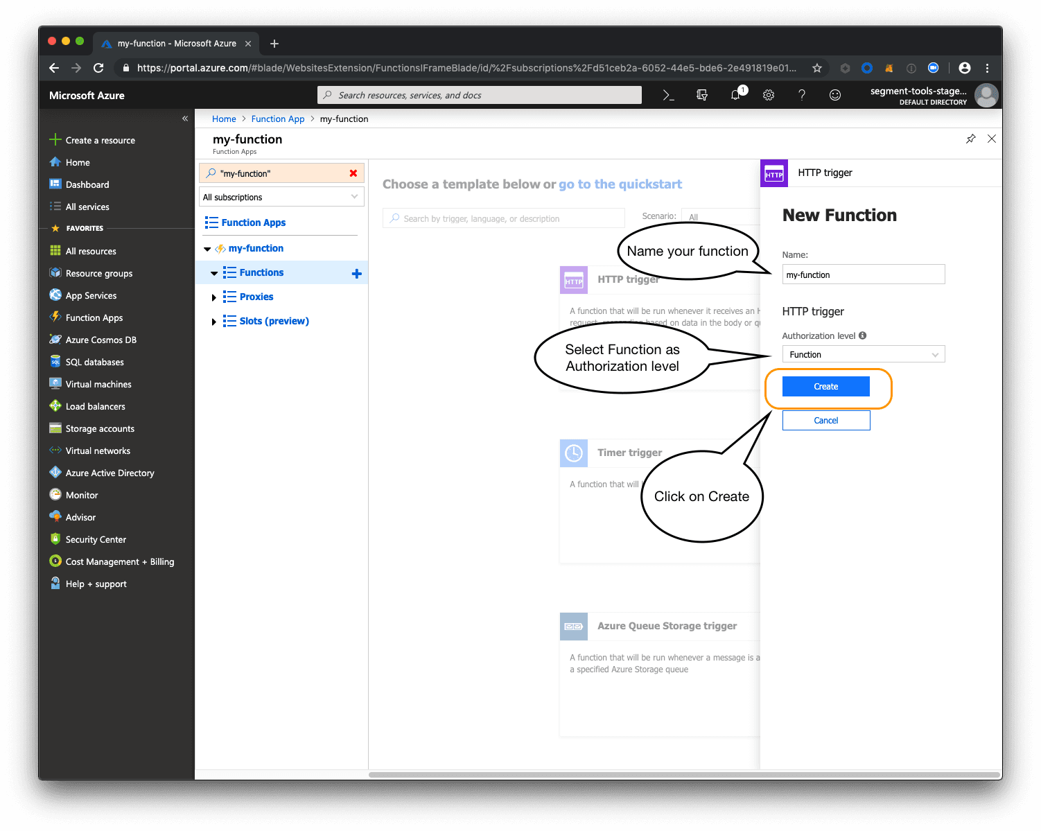 HTTP trigger setup with 'my-function' as name and 'Function' as authorization level, highlighting 'Create' button.