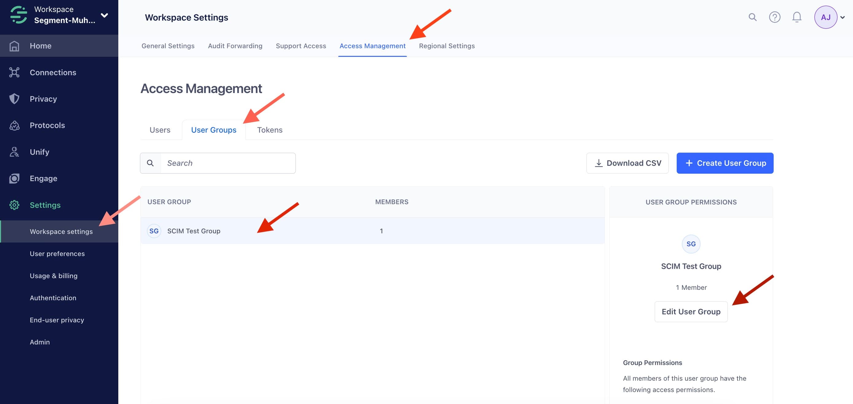 The Access Management page with a test group that contains one member.