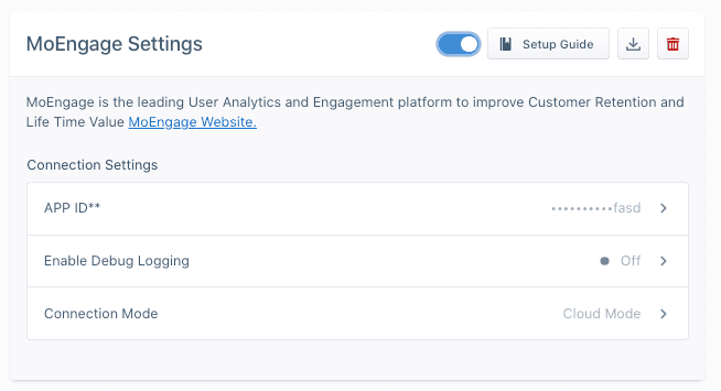 MoEngage settings with options for APP ID, debug logging, and connection mode.