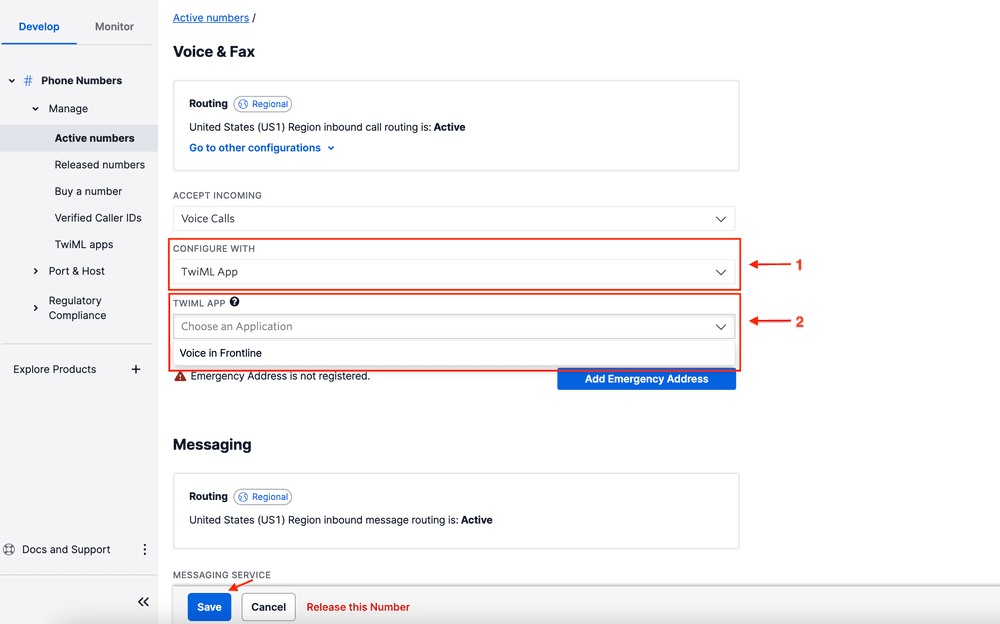 Twilio interface showing configuration of phone number with TwiML App for Voice in Frontline.