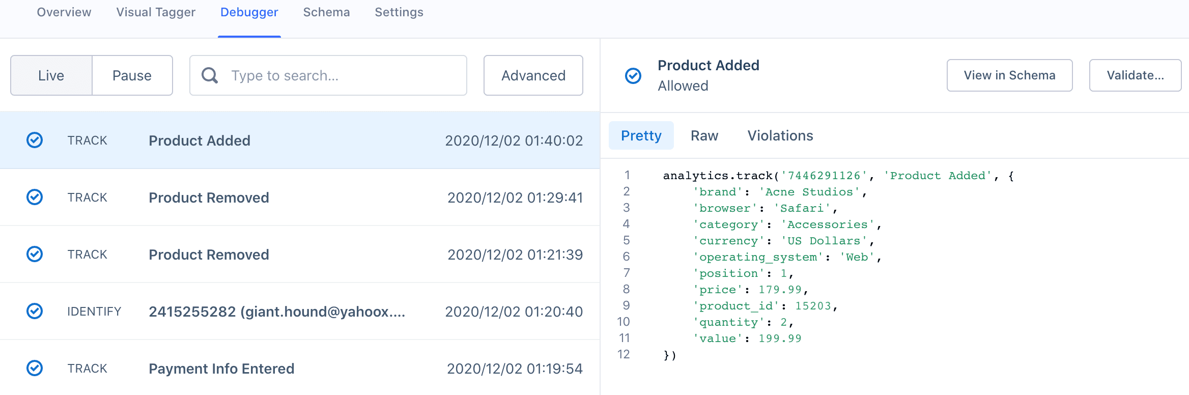 Debugger view with 'Product Added' track event and details in pretty view.