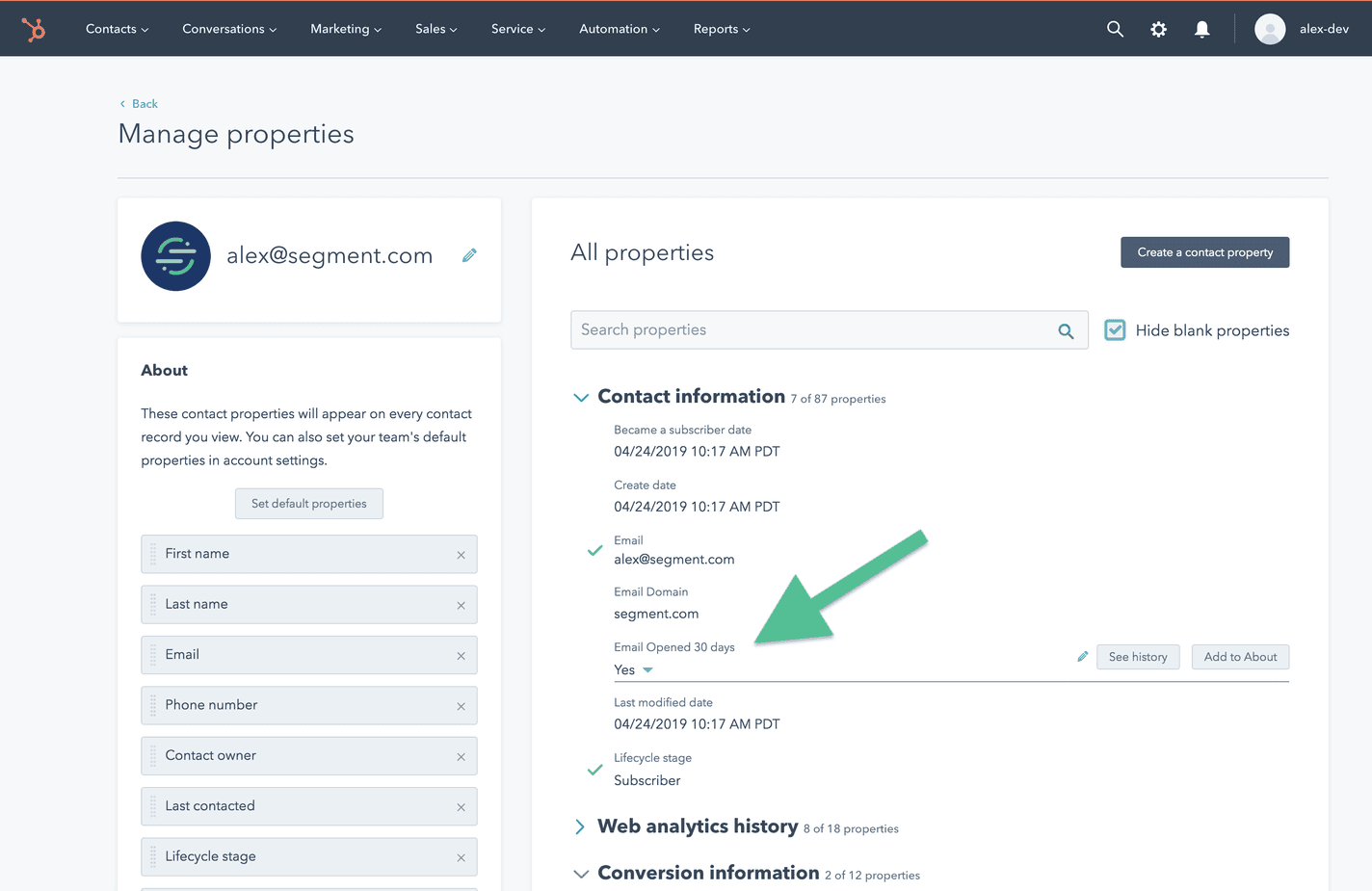 HubSpot Manage Properties page showing contact information and email activity.