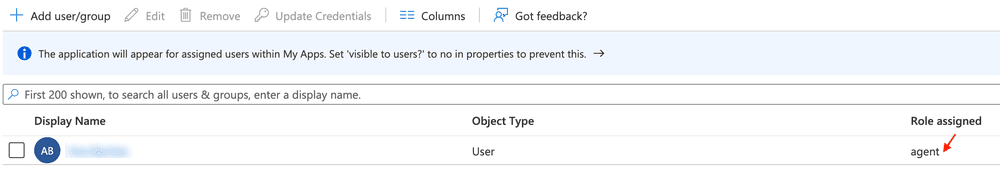User list showing display name, object type, and assigned role as agent.