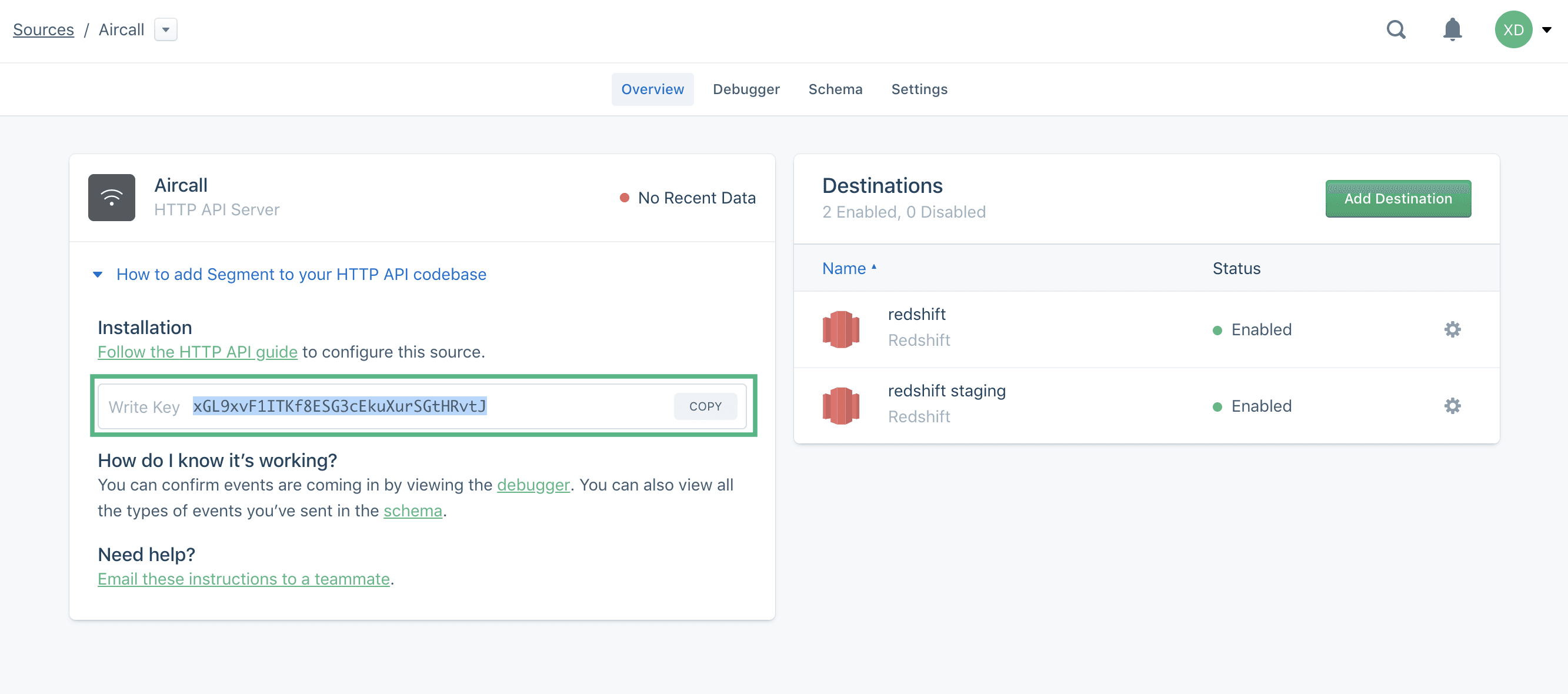 Aircall overview page in Segment with highlighted Write Key and Redshift destinations enabled.