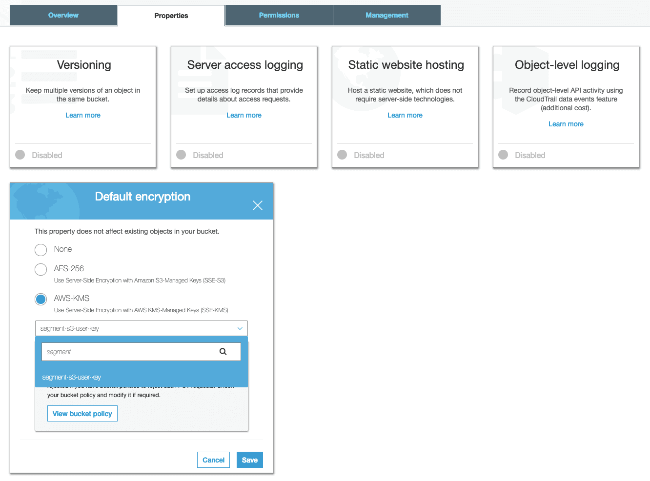 AWS S3 bucket default encryption set to AWS-KMS with key selection options.