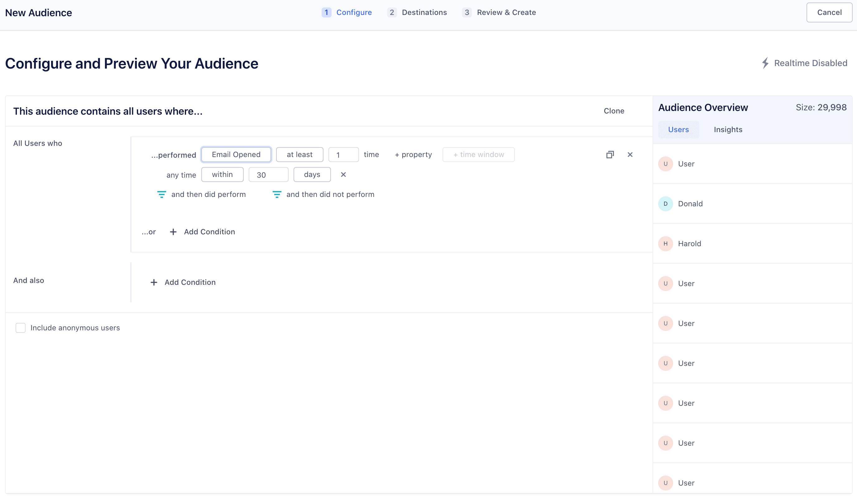 Segment page showing users who opened at least one email in the last 30 days.